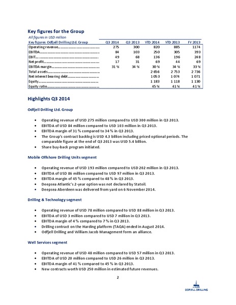 REPORT FOR THE 3RD QUARTER OF 2014 – Odfjell Drilling – slide 2