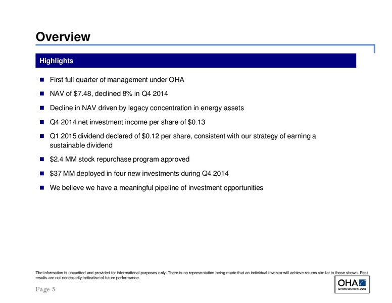 OHA INVESTMENT CORPORATION Q4 2014 EARNINGS RESULTS – Oha Investment Corporation – slide 5