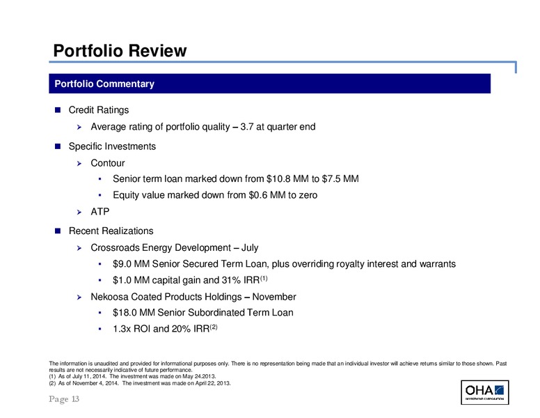 Third Quarter 2014 Earnings Results – Oha Investment Corporation – slide 13