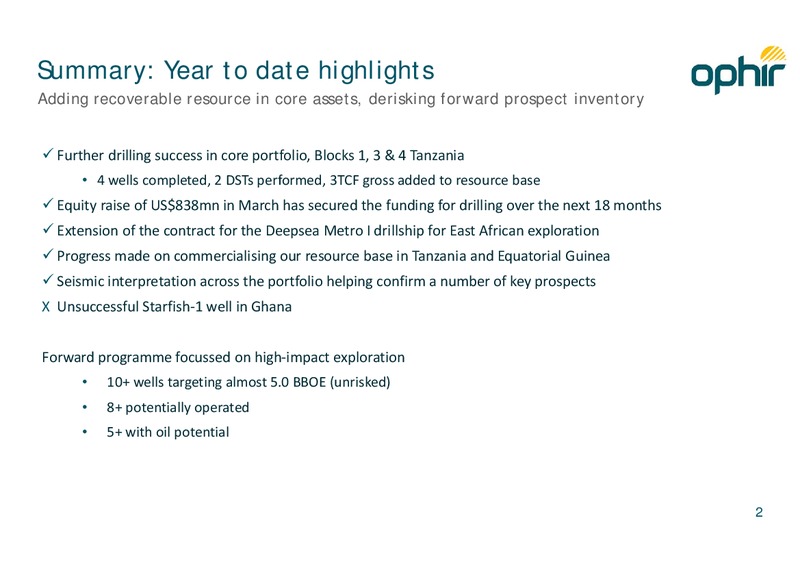 AUGUST 2013 MID YEAR UPDATE – Ophir Energy Plc – slide 2