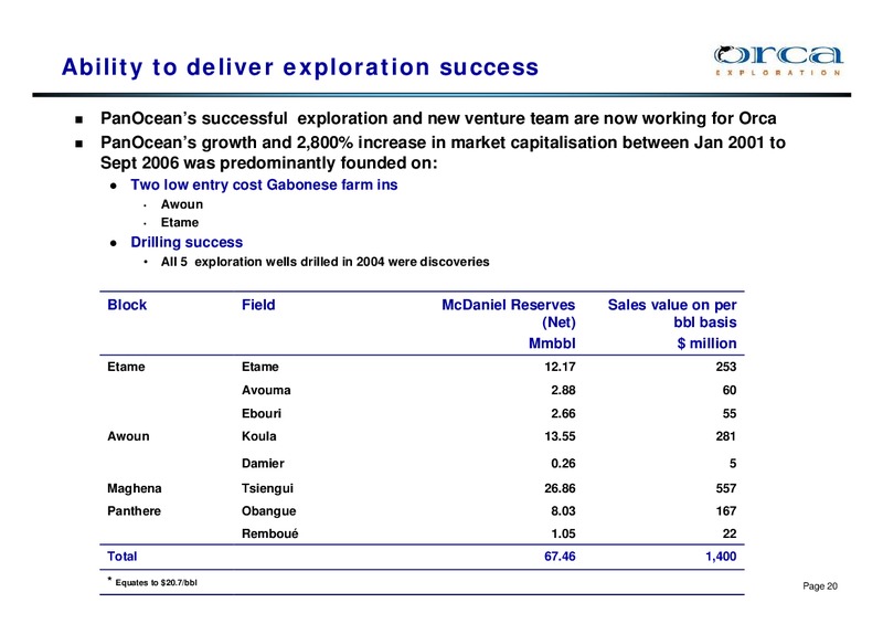JUNE 2007 INVESTOR PRESENTATION – Orca Exploration Group, Inc. – slide 19