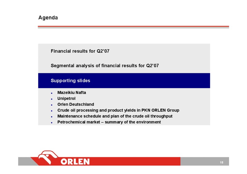 CONSOLIDATED FINANCIAL RESULTS OF PKN ORLEN Q22007 (IFRS) – Orlen Upstream – slide 15