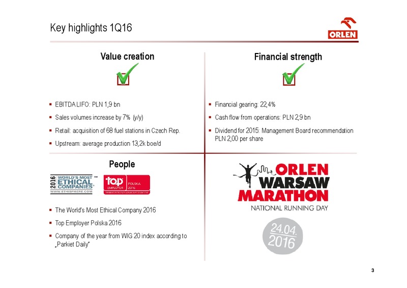 Q1 2016 Financial Results – Orlen Upstream – slide 3