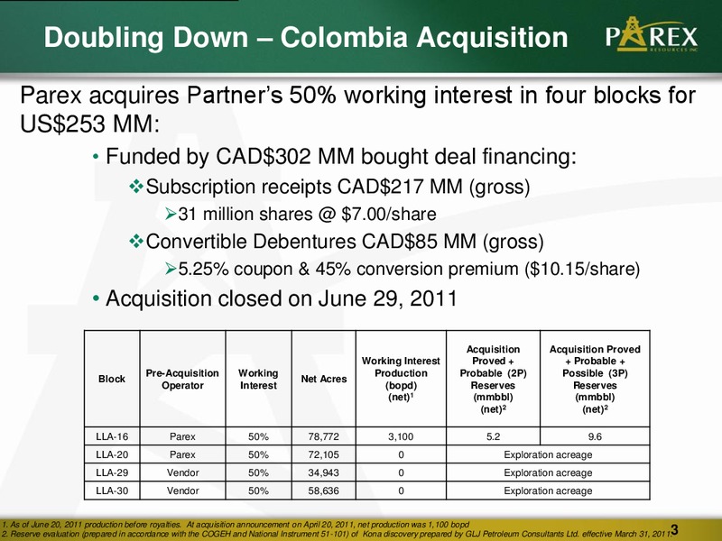 Q2 2011 CORPORATE PRESENTATION – Parex Resources, Inc. – slide 3