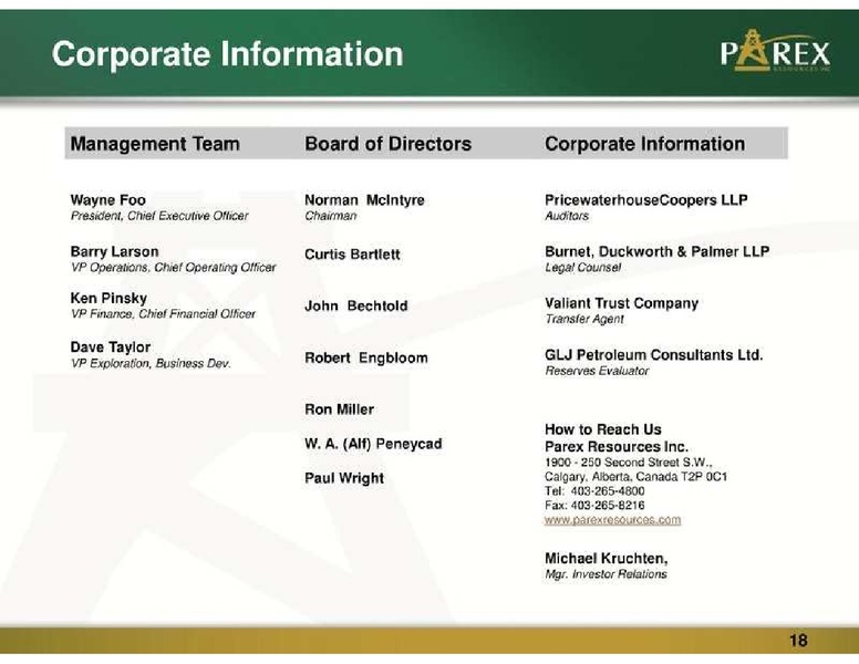 SEPTEMBER 2011 CORPORATE PRESENTATION – Parex Resources, Inc. – slide 18
