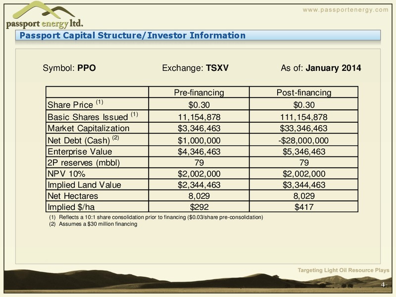 Creating Shareholder Value through Light Oil Resource Exploration and Development – Passport Energy Ltd. – slide 4