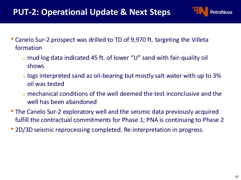 Operational Update – Petronova Inc. – slide 17