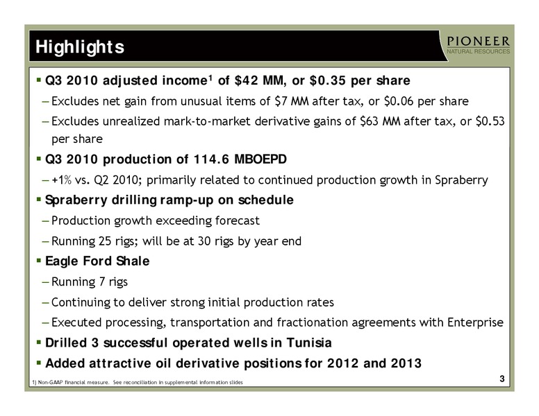 Q3 2010 Earnings Call – Pioneer Natural Resources Co. – slide 2