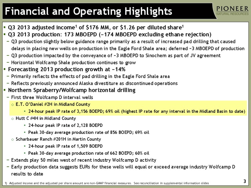 Q3 2013 EARNINGS CALL – Pioneer Natural Resources Co. – slide 2