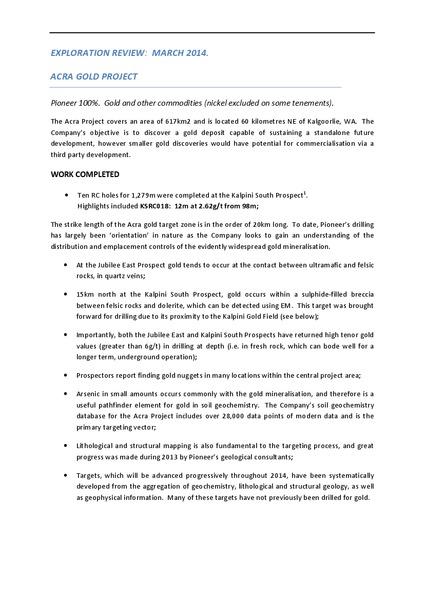 QUARTERLY REPORT – Pioneer Resources Limited – slide 3