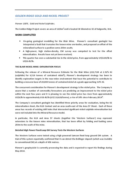 QUARTERLY REPORT – Pioneer Resources Limited – slide 9