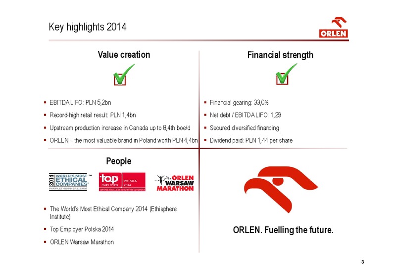 CONSOLIDATED FINANCIAL RESULTS FOR 4Q 2014 – PKN Orlen SA – slide 3