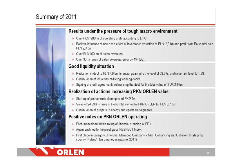 INVESTOR PRESENTATION – PKN Orlen SA – slide 21