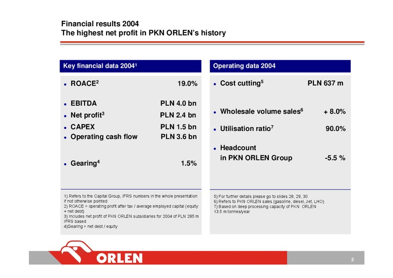FINANCIAL RESULTS: FY 2004 AND FINANCIAL ASSUMPTIONS FOR THE 2005 PLAN – PKN Orlen SA – slide 2