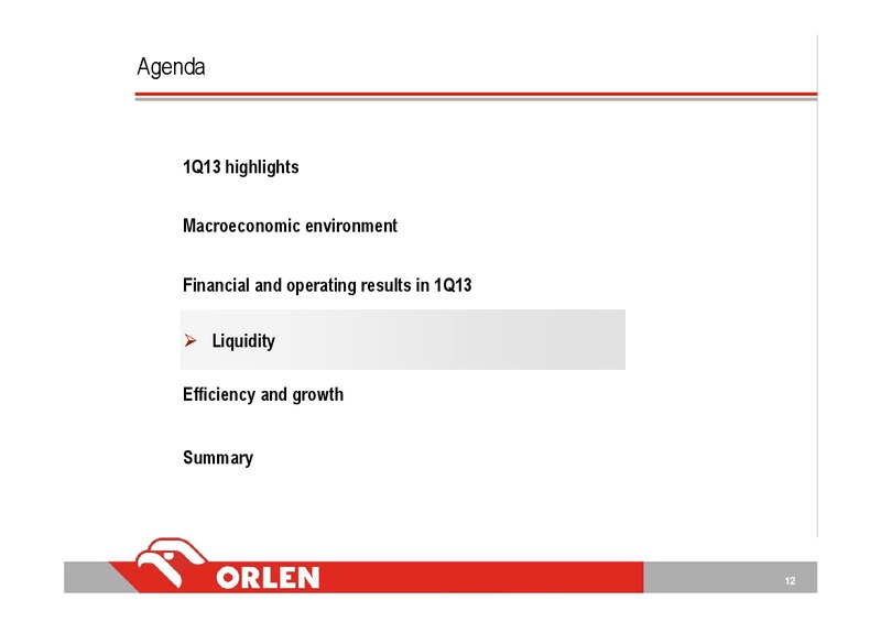 1Q13 CONSOLIDATED FINANCIAL RESULTS – PKN Orlen SA – slide 12