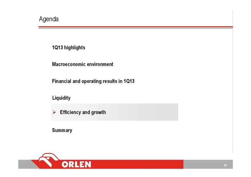 1Q13 CONSOLIDATED FINANCIAL RESULTS – PKN Orlen SA – slide 15