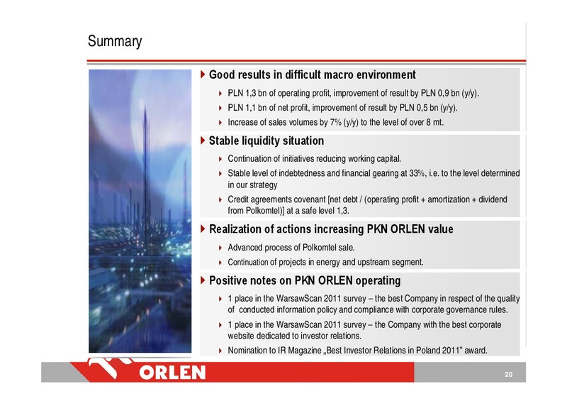 Q1 2011 INVESTOR PRESENTATION – PKN Orlen SA – slide 20