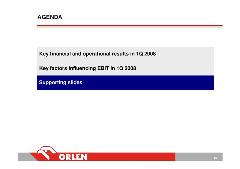CONSOLIDATED FINANCIAL RESULTS OF 1Q 2008 – PKN Orlen SA – slide 15