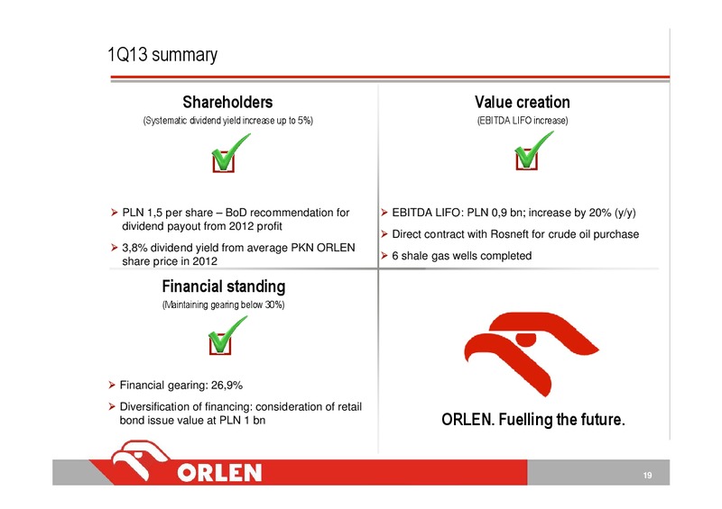 CONSOLIDATED FINANCIAL RESULTS 1Q13 – PKN Orlen SA – slide 19