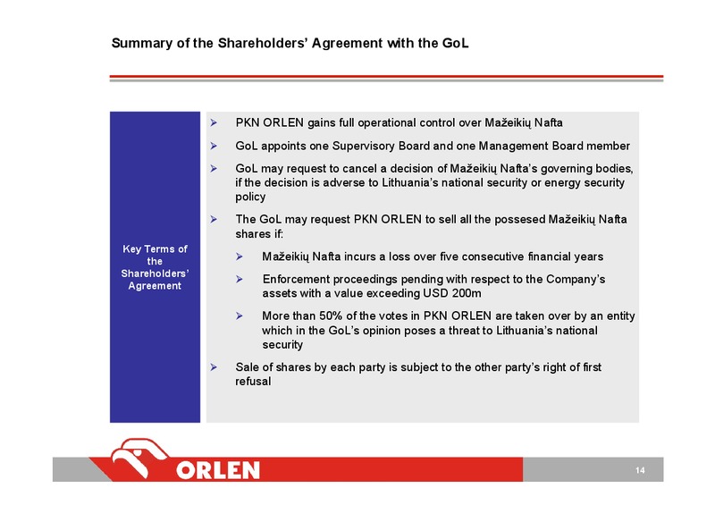 INVESTOR PRESENTATION – PKN Orlen SA – slide 14