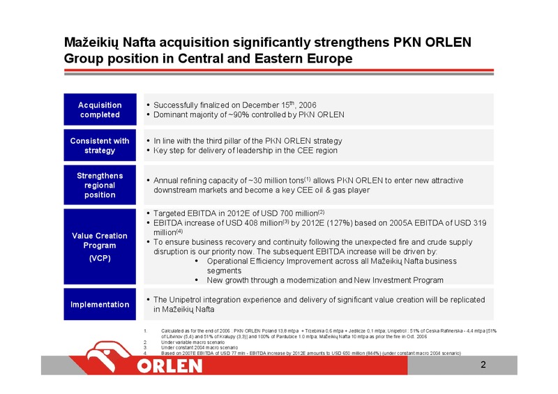 INVESTOR PRESENTATION – PKN Orlen SA – slide 2