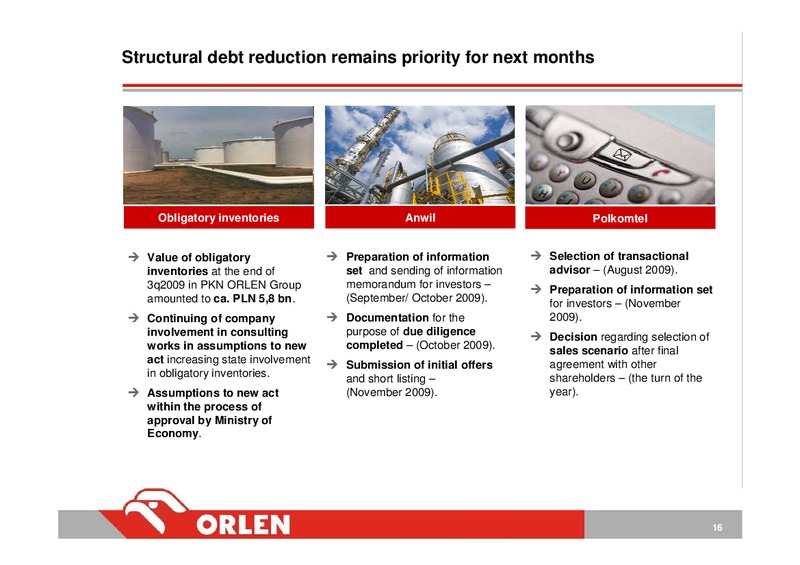 CONSOLIDATED FINANCIAL RESULTS FOR 3 QUARTER 2009 – PKN Orlen SA – slide 16