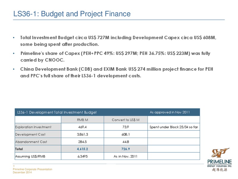 CORPORATE PRESENTATION – Primeline Energy Holdings – slide 9