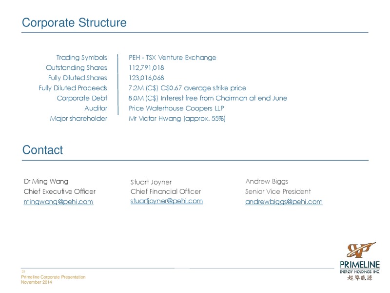 INVESTOR PRESENTATION – Primeline Energy Holdings – slide 31