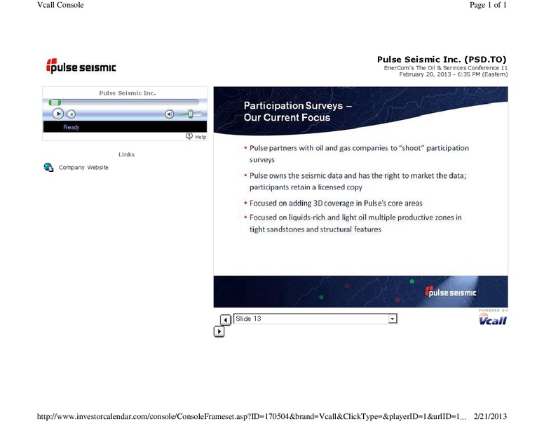 FEBRUARY 2013 CORPORATE PRESENTATION – Pulse Seismic Inc. – slide 13