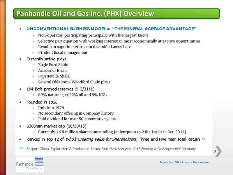 November Investor Presentation – Panhandle Oil and Gas Inc. – slide 2
