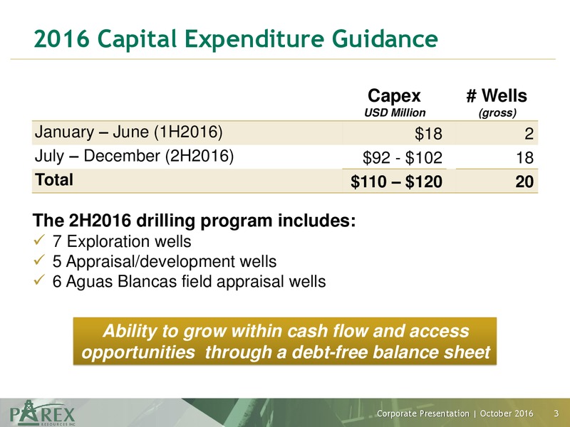 October 2016 Investor Presentation – Parex Resources, Inc. – slide 3