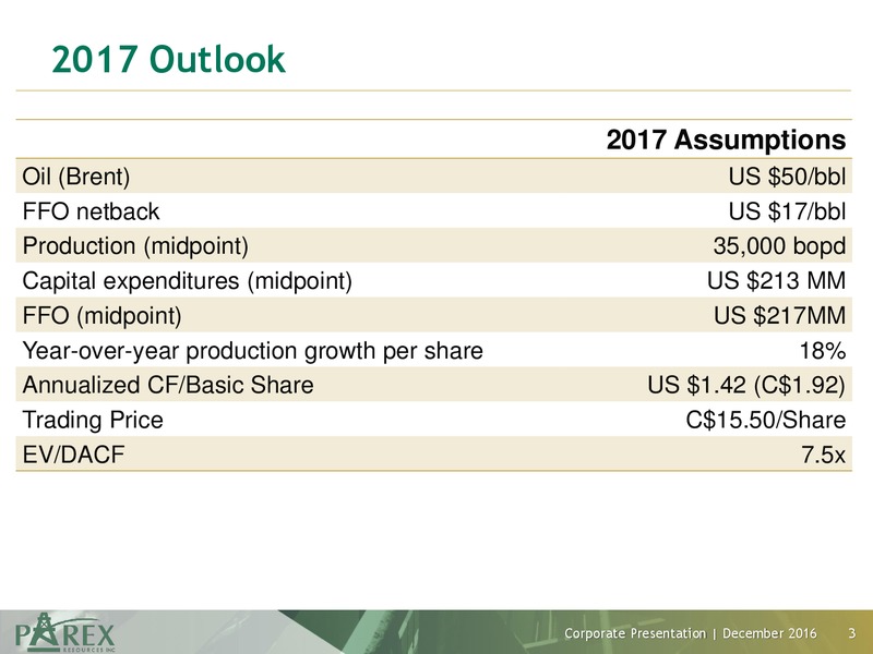 December 2016 Corporate Presentation – Parex Resources, Inc. – slide 3