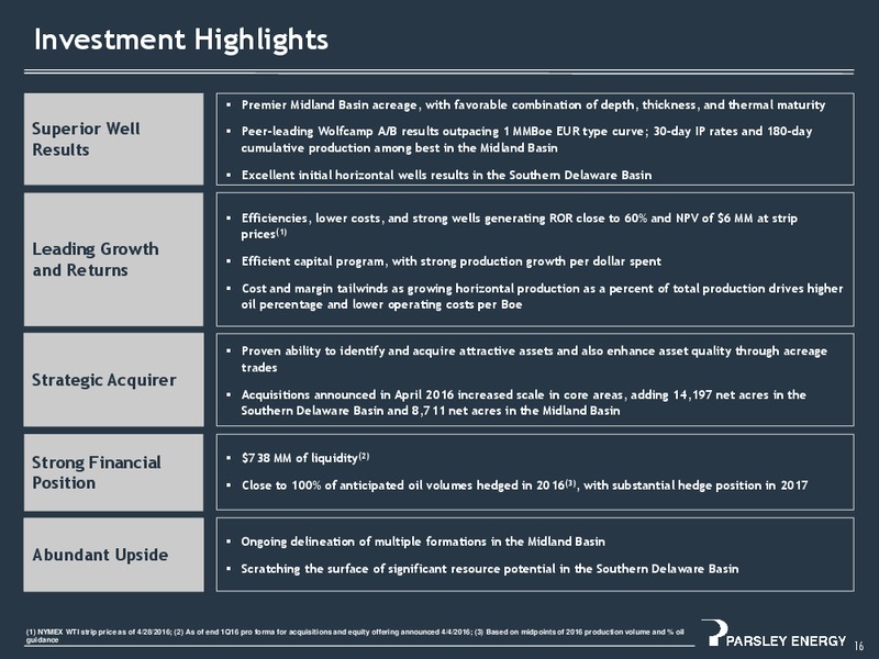 1Q 2016 Investor Presentation – Parsley Energy Inc. – slide 15
