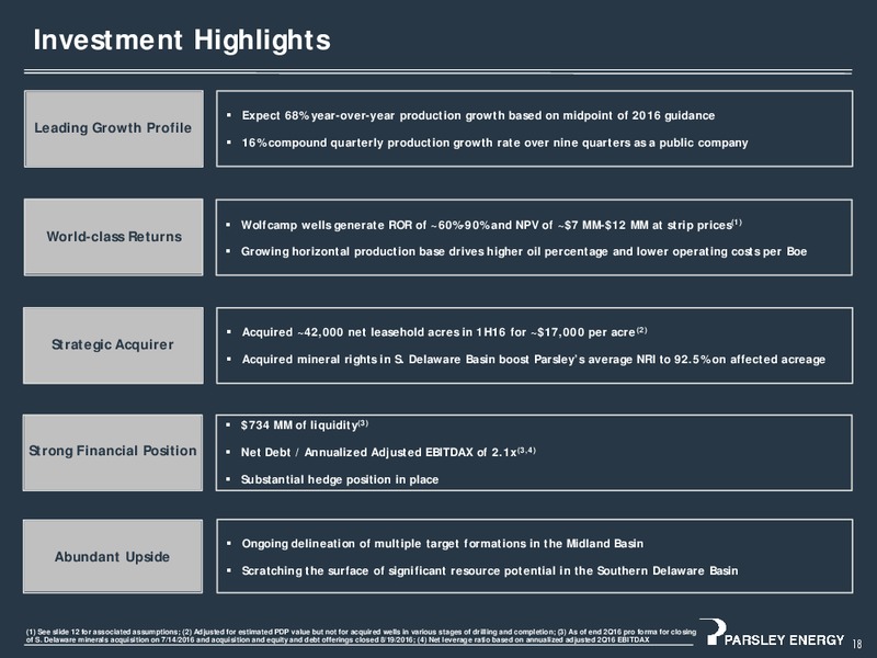 September 2016 Investor Presentation – Parsley Energy Inc. – slide 18