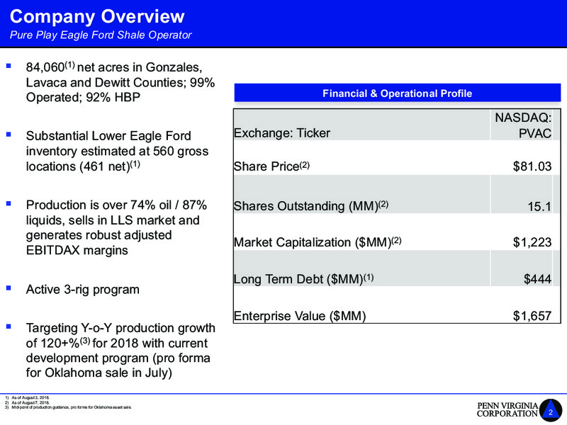 August 2018 Earnings Presentation – Penn Virginia Corp – slide 2