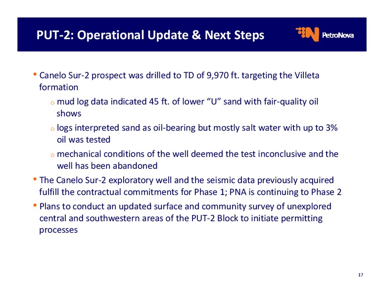 Operational Update – Petronova Inc. – slide 17