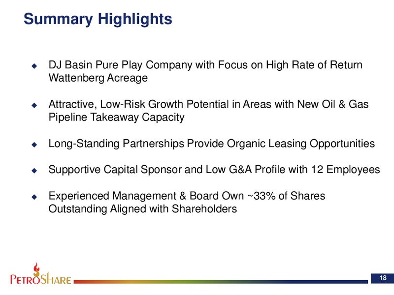 August 2018 Enercom Conference – PetroShare Corp. – slide 18