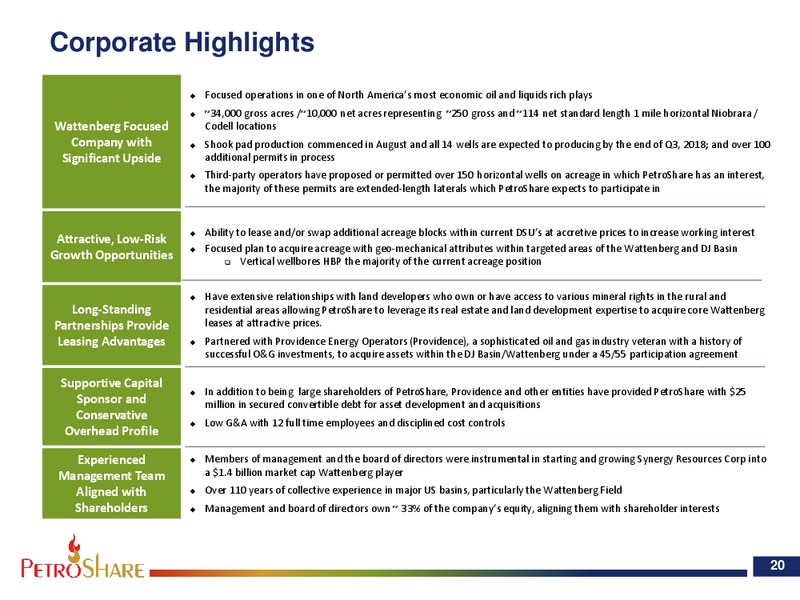 August 2018 Enercom Conference – PetroShare Corp. – slide 20