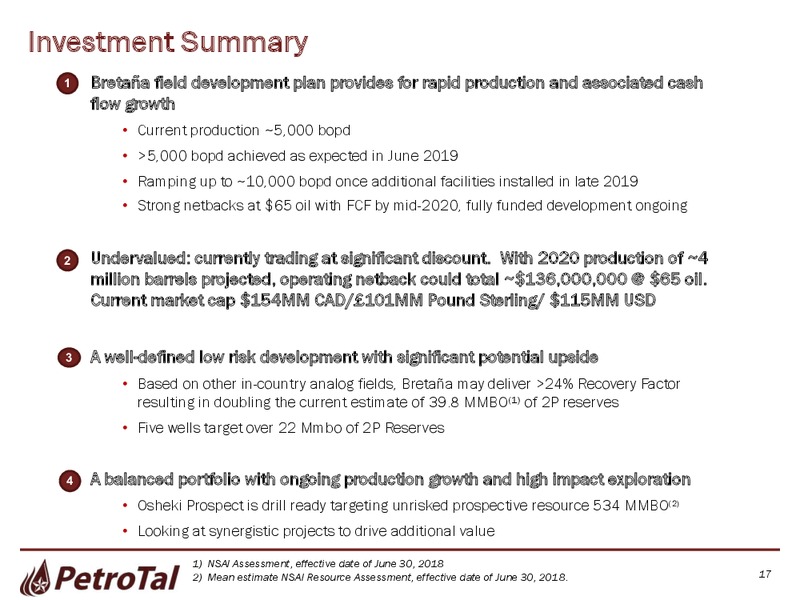August 2019 Investor Presentation – PetroTal LLC – slide 18