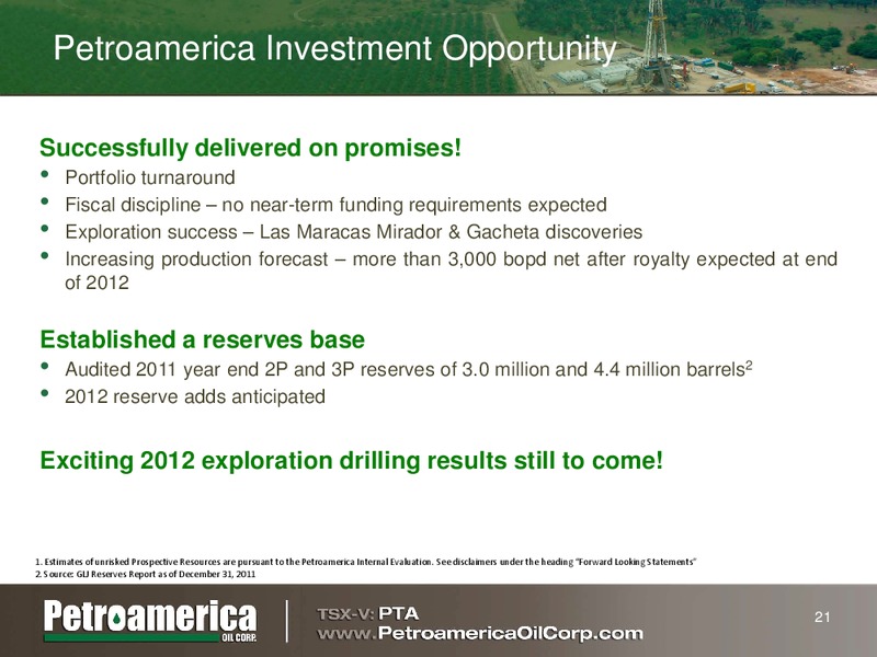 RAYMOND JAMES INVESTING IN COLOMBIA OIL AND GAS CONFERENCE – Petroamerica Oil Corp – slide 20