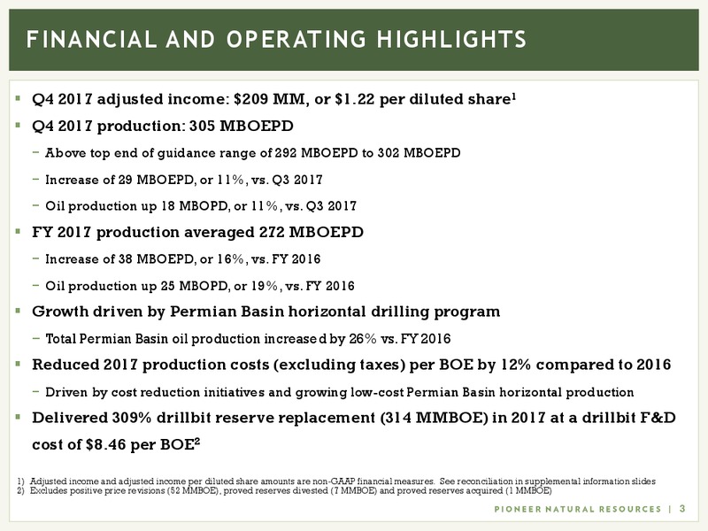 4Q 2017 Earnings and 2018 Capital Program – Pioneer Natural Resources Co. – slide 2