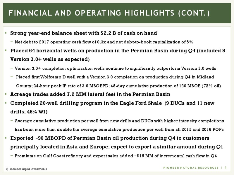 4Q 2017 Earnings and 2018 Capital Program – Pioneer Natural Resources Co. – slide 3