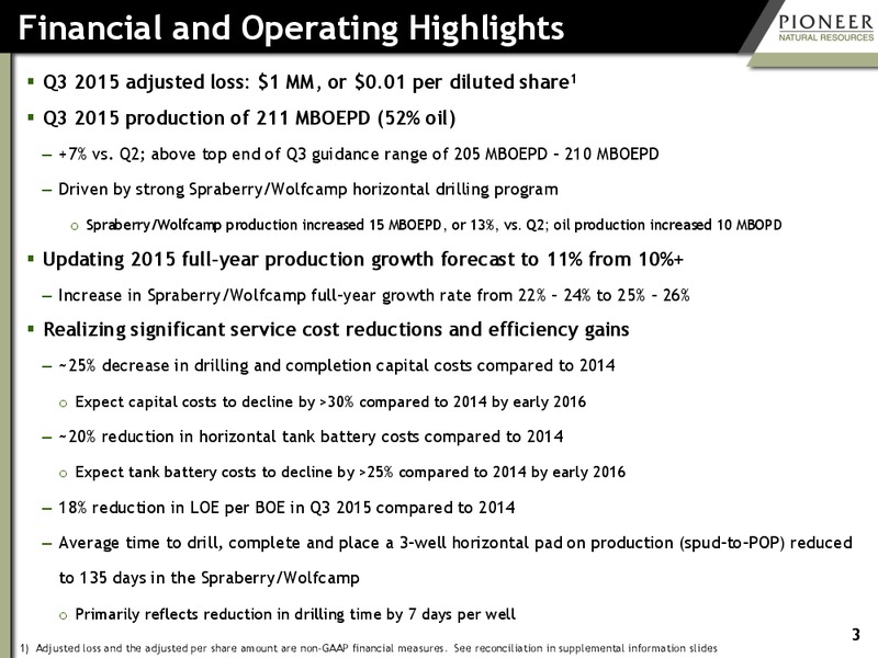 Q3 2015 Earnings Presentation – Pioneer Natural Resources Co. – slide 2