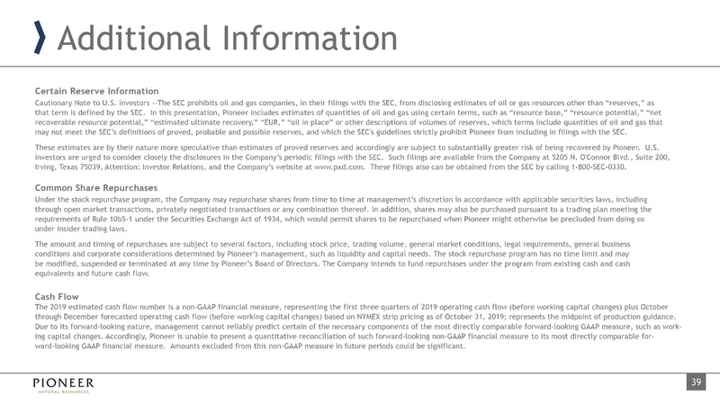 December 2019 Investor Presentation – Pioneer Natural Resources Co. – slide 38
