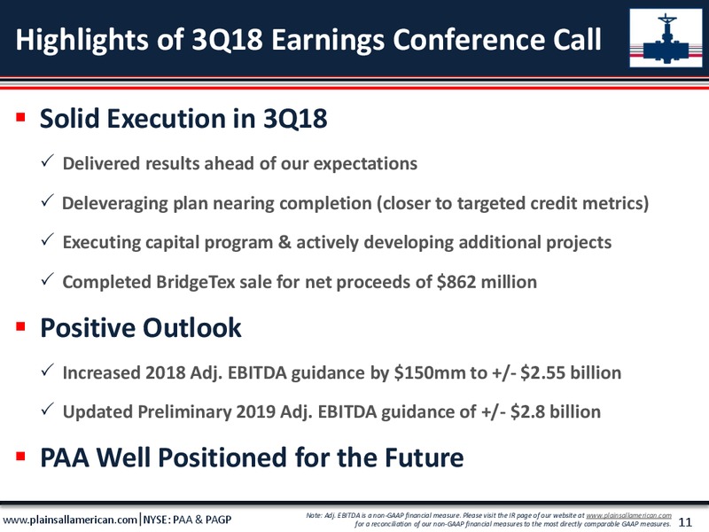 3Q 2018 Conference Call – Plains All American Pipeline, L.P. – slide 10