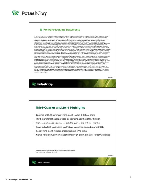 Q3 Earnings Conference Call – Potash Corp – slide 2