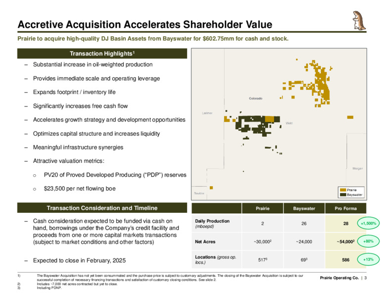 Acquisition of Premier DJ Basin Assets – Prairie Operating Co – slide 3