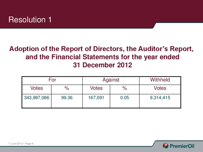 JUNE 2013 ANNUAL GENERAL MEETING – Premier Oil – slide 8