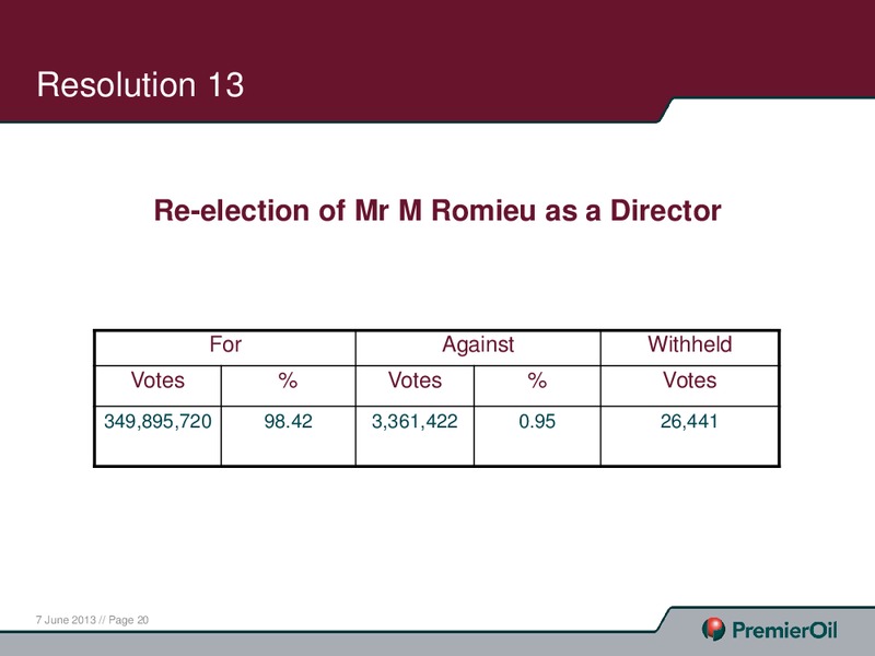 JUNE 2013 ANNUAL GENERAL MEETING – Premier Oil – slide 20