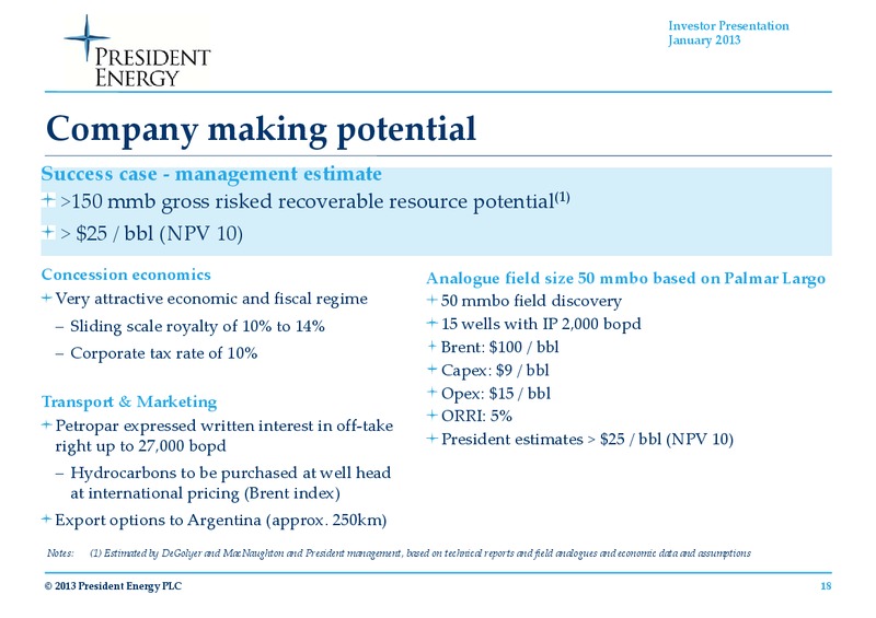 JANUARY 2013 INVESTOR PRESENTATION – President Energy Plc – slide 16